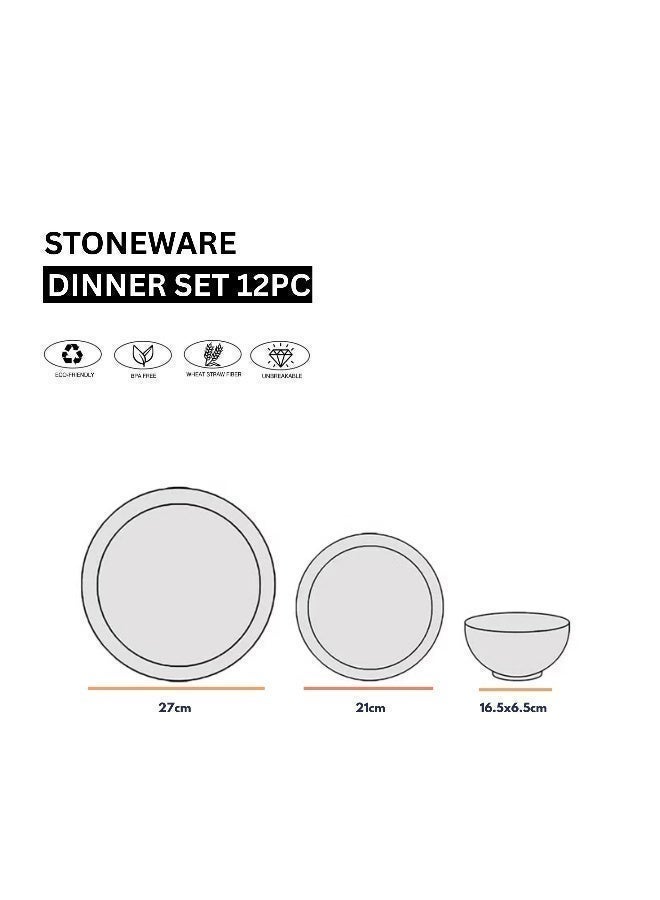 Feelings 12-Piece Stoneware Dinner Set includes 4 x 10.5" Dinner Plate , 4 x 8" Salad Plate , 4 x 6" Bowl, Serves 4, Black - Image 5